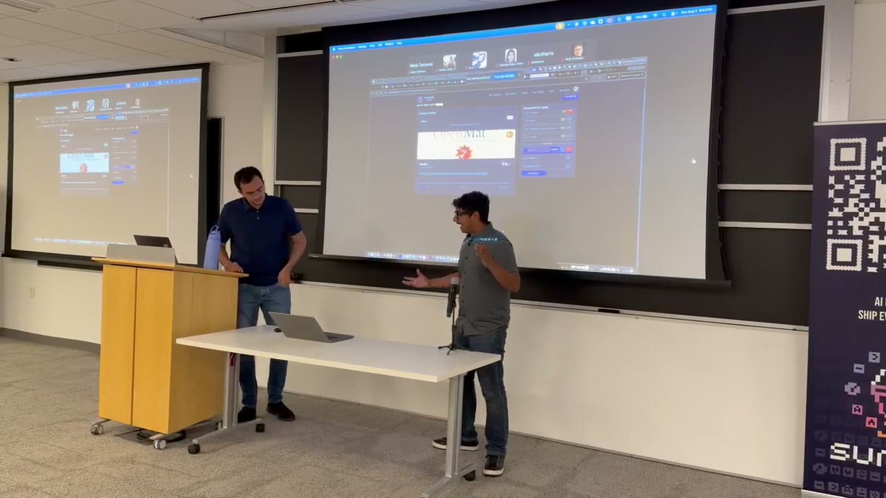 The OpenMat team presenting on stage at Sundai Hack #134, with the OpenMat project on the lecture hall projector and the Sundai banner beside them.